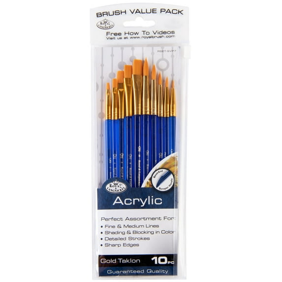 Royal & Langnickel - 10pc Super Value Golden Taklon Acrylic Artist Brush Set, Shaders and Rounds