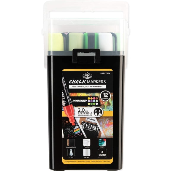Royal & Langnickel Chalk Markers with Storage Case,  2.0mm Tips, Primary Colors, 12 Pack