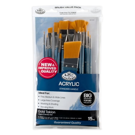 ROYAL & LANGNICKEL 15-Piece Golden Taklon Big Brush Set – Assorted Acrylic Artist Paintbrushes