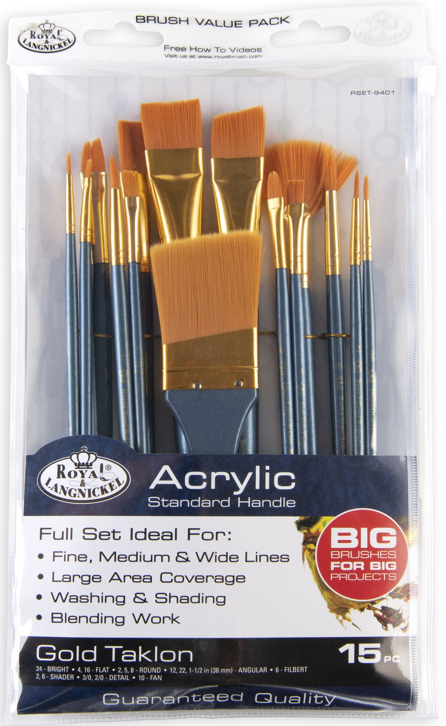 Assorted All Media Taklon Beginner Art & Craft Brushes 15pc Value Pack  Royal & Langnickel