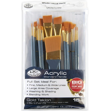 ROYAL & LANGNICKEL 15-Piece Golden Taklon Big Brush Set – Assorted Acrylic Artist Paintbrushes