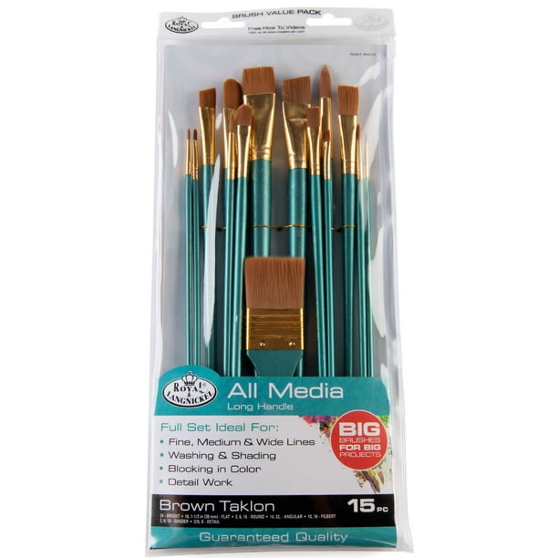 Royal & Langnickel 15pc Long Handle, Brown Taklon All Media Paint Brush Set