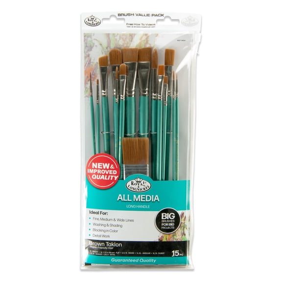 Royal & Langnickel Assorted Shapes Brown Taklon All Media Art Brushes 15 Pieces