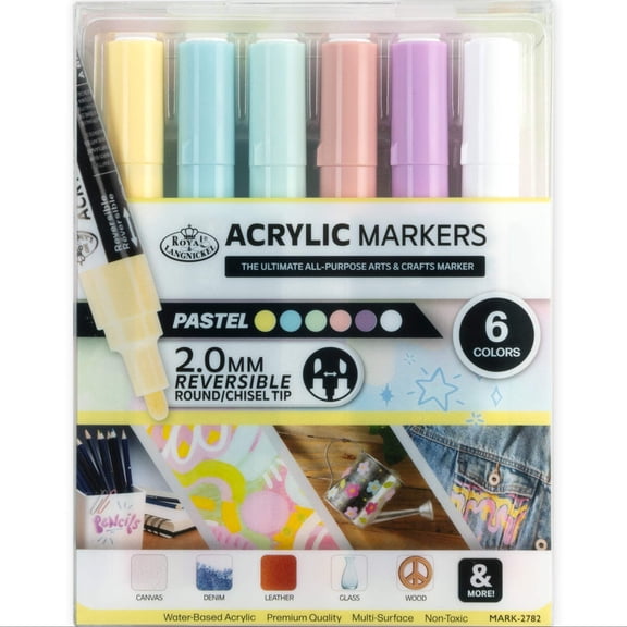 Royal & Langnickel 6 Piece 2mm Reversible Tip Pastel Acrylic Markers