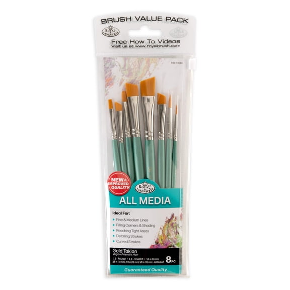 Royal & Langnickel Assorted Shape Golden Taklon Art Brush Set 8 pieces
