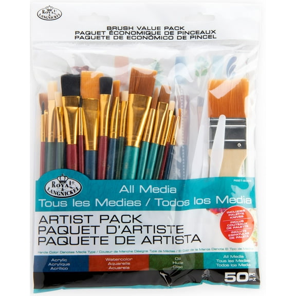 Royal & Langnickel - 50pc All Media Assorted Shape Synthetic Bristle Artist Paint Brushes | RSET-9388 |