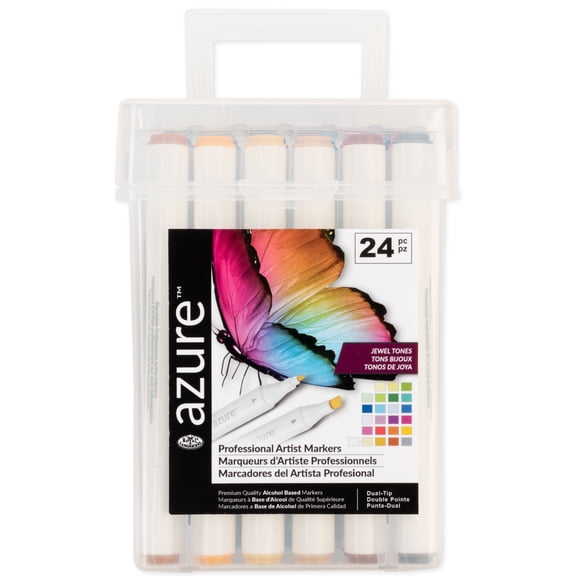 Royal & Langnickel Azure Alcohol Markers, with Case, Fine and Broad Chisel, Jewel Tone, 24 Count