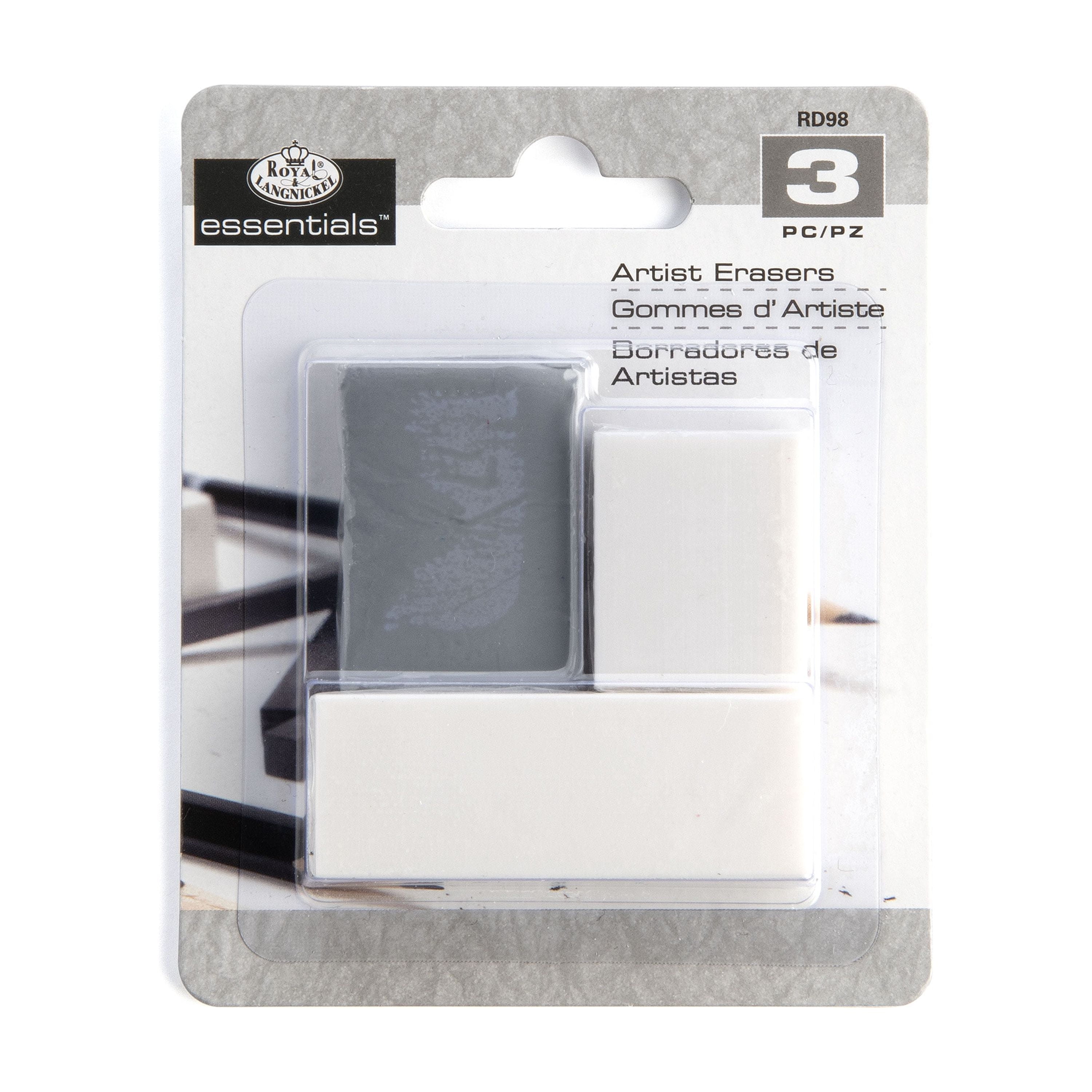 Royal & Langnickel Essentials 3 Piece Drawing Eraser Set, Gray & White