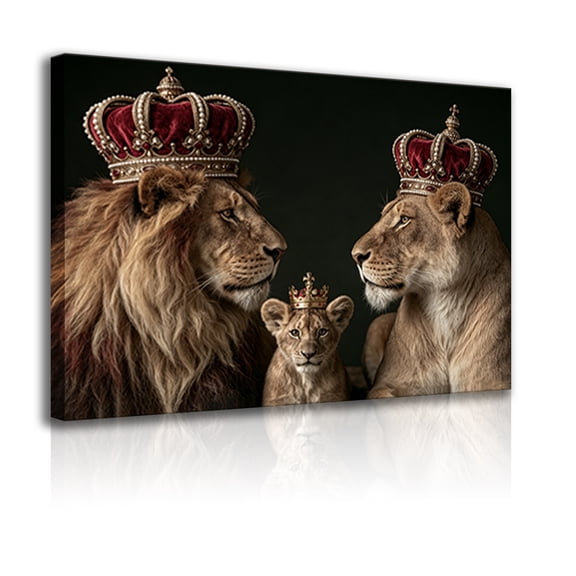 Royal Lion Family Wall Art Canvas Decor Frame, Coronation Lion Wall Painting, Artistic Portraits of the King, Queen, and Lion Cubs, Royal Jungle Animals, Suitable for Bedroom and Home Decor