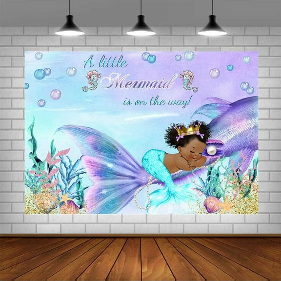OdeJous Little Princess Baby Shower Backdrop Purple Mermaid Theme Baby Shower Photography Background Under The Sea Colorful Scales Treasure Box Glitter White Pearl Grass Party Photo Decorations