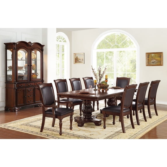 Royal Majestic Dark Brown Traditonal Kitchen Dining Room 9pc Set Dining Table w Leaf 6x Chairs 2x Arm Chairs Faux Leather