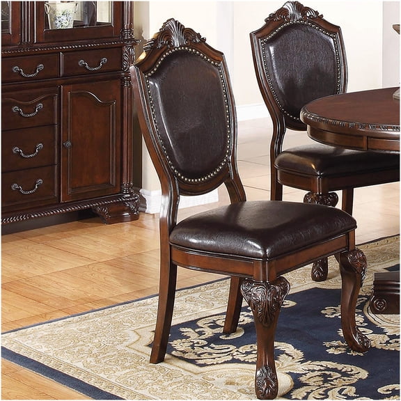 Royal Majestic Rubberwood Dining Chairs Set of 2, Brown Faux Leather Upholstered Seats with Intricate Carved Floral Design for Formal Dining Room