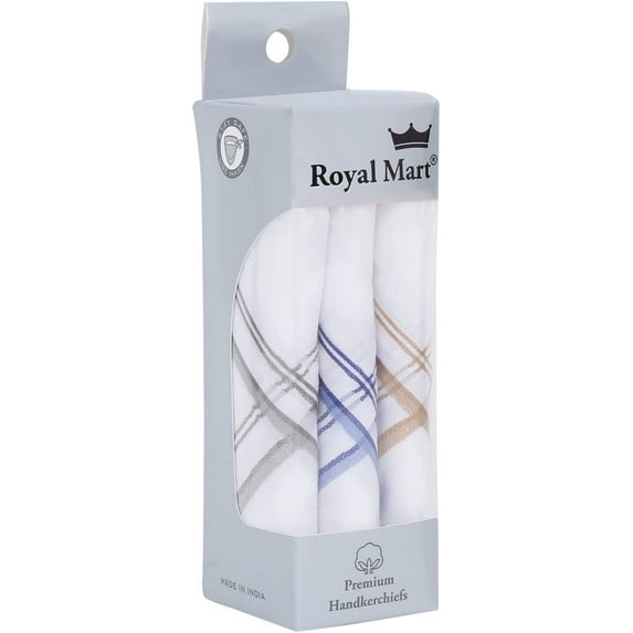 Royal Mart 03 Men's Cotton Handkerchief Set - 15+ inches, White Striped, Multi-Color Handkerchief