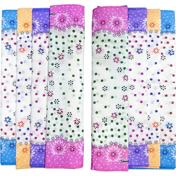 Royal Mart Premium Cotton Handkerchiefs - 11*11 Soft Prints for Women/Girls (Pack of 08, Multicolor. Designs Will Vary as per Availability)
