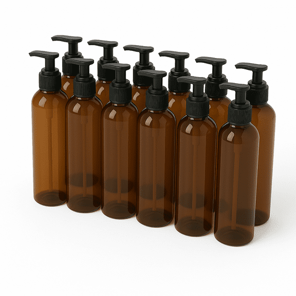 Royal Massage 8oz Bullet Round Massage Oil/Lotion/Liquid Bottle with Saddle Pump (Amber, 12)