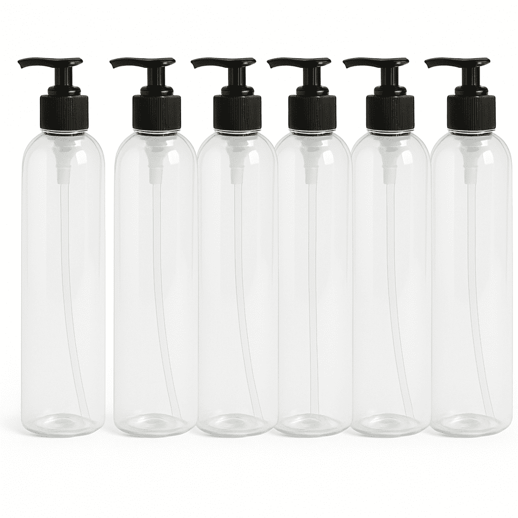 Royal Massage 8oz Bullet Round Massage Oil/Lotion/Liquid Bottle with Saddle Pump (Clear, 6)