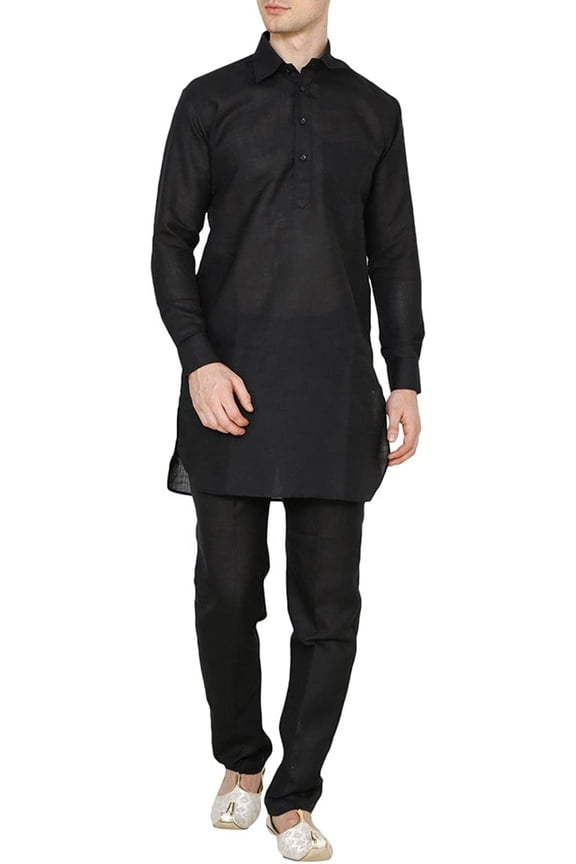 Royal Men's Black Linen Kamiij Pyjama Set