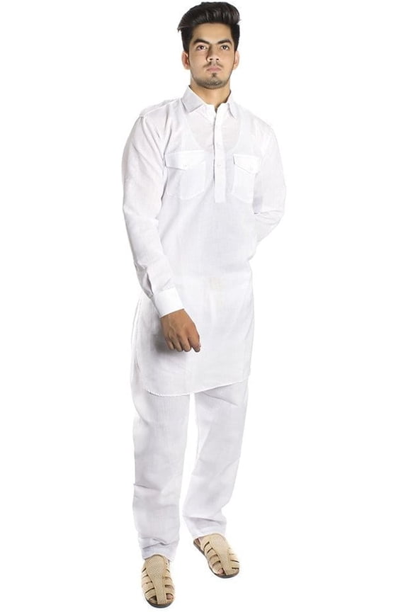 Royal Men's Cotton Linen Classic Collar White Pathani Set