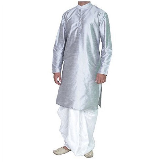 Royal Men's Festive Art Silk Blend Dhoti Kurta Set_Silver