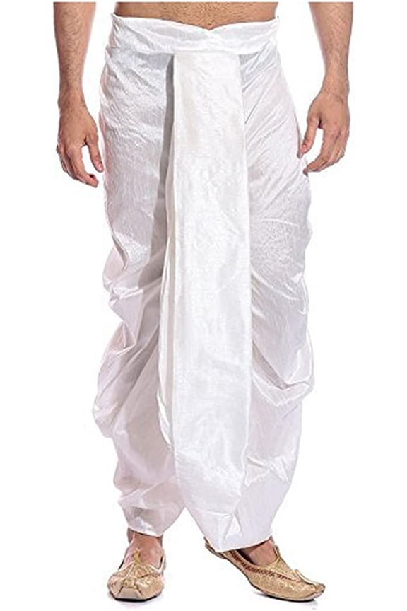Royal Men's Silk Blend Free Size Ready to wear Traditional Dhoti (White)