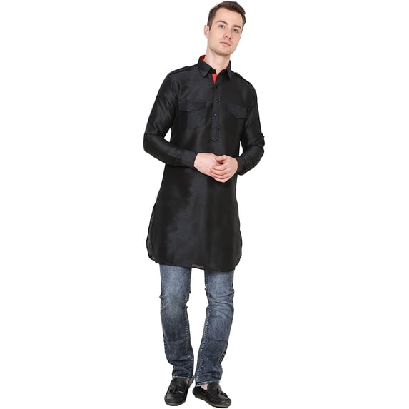 Royal Kurta Mens Cotton Silk Long Pathani Kurta (42, Black)