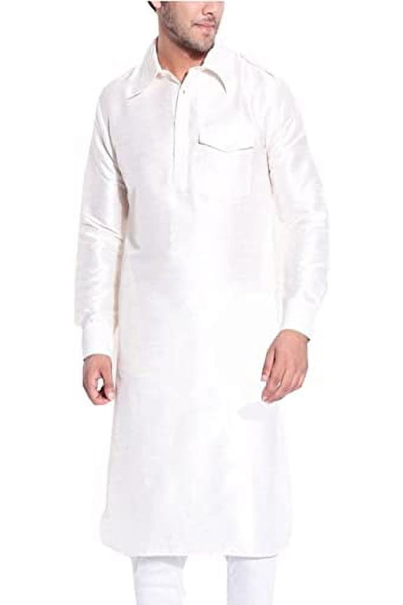 Royal Men's Silk Blend Pathani Long Kurta's White