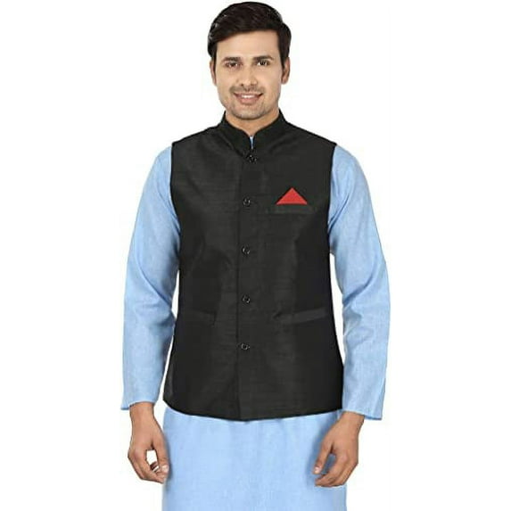 Royal Men's Traditonal Silk Blended Nehru Waistcoat Jacket Black