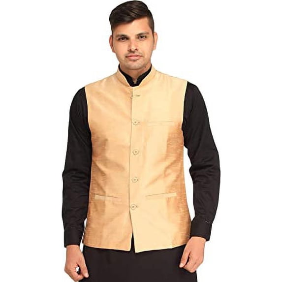 Royal Men's Traditonal Silk Blended Nehru Waistcoat Jacket (Golden, 38)