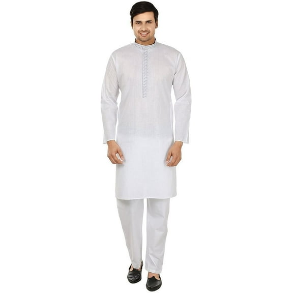 Royal Men's White 100% Cotton Neck Embroidered Kurta Pyjama
