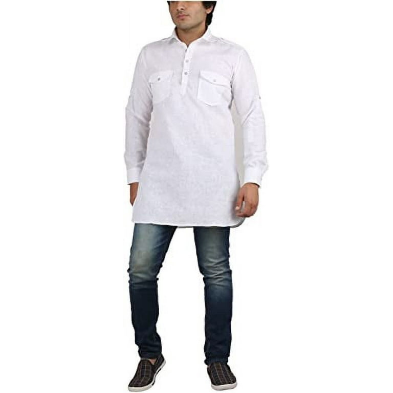 Men s White Fine Cotton Short Pathani Kurta For Denim s By Royal Kurta Walmart