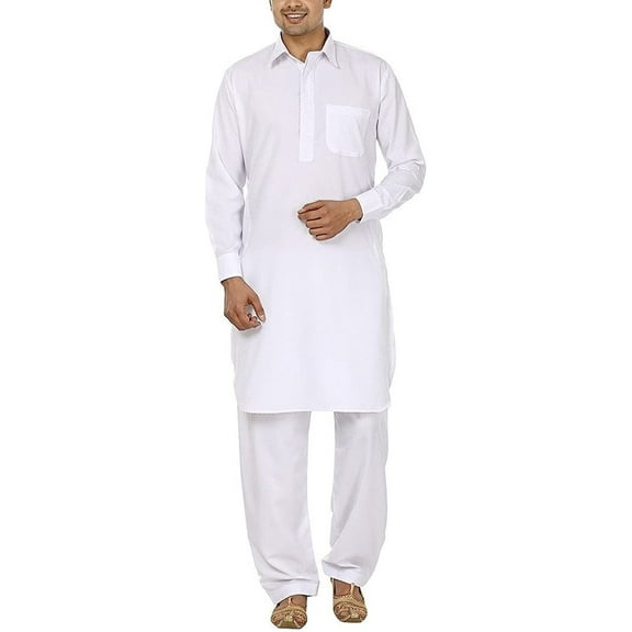 Royal Men's White Tericott Standard Pathani Suit Salwar Set By Royal Kurta