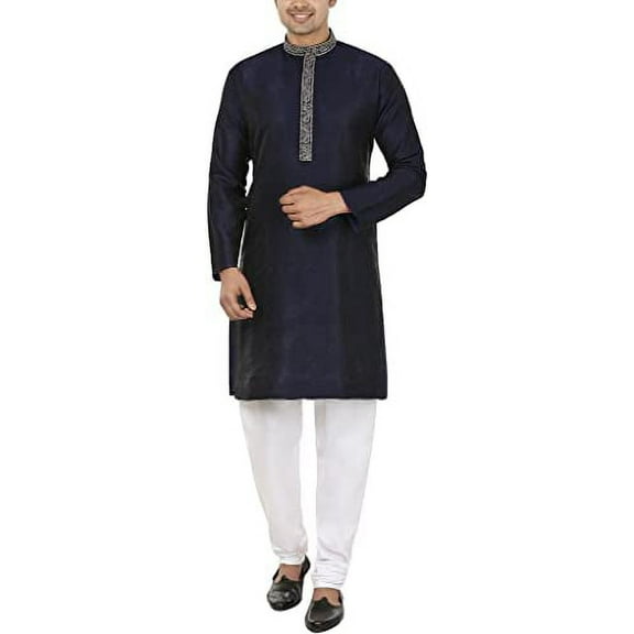 Royal Mens Blue Jacqaurd Silk Embroidered Traditional Kurta And Pyjama Set