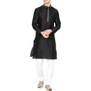 Royal Mens Jacqaurd Silk Embroidered Kurta Pyjama Set Black