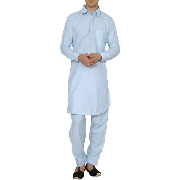Royal Mens Neck thread Embroidered Classic Collar Alaska Blue Pathani Suit