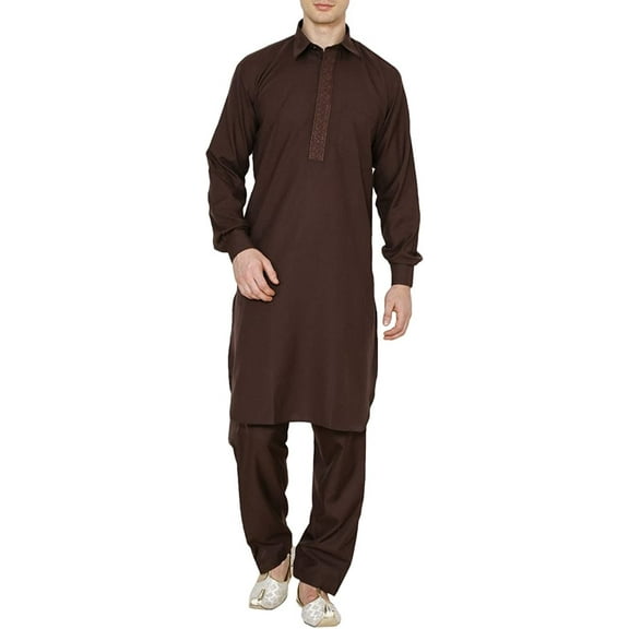 Royal Kurta Men's Polycotton Embroidered Pathani Suit Brown