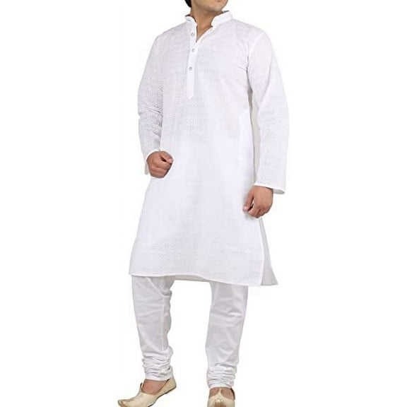 Royal Mens White Cotton Lucknowi Chikan Kurta Churidar
