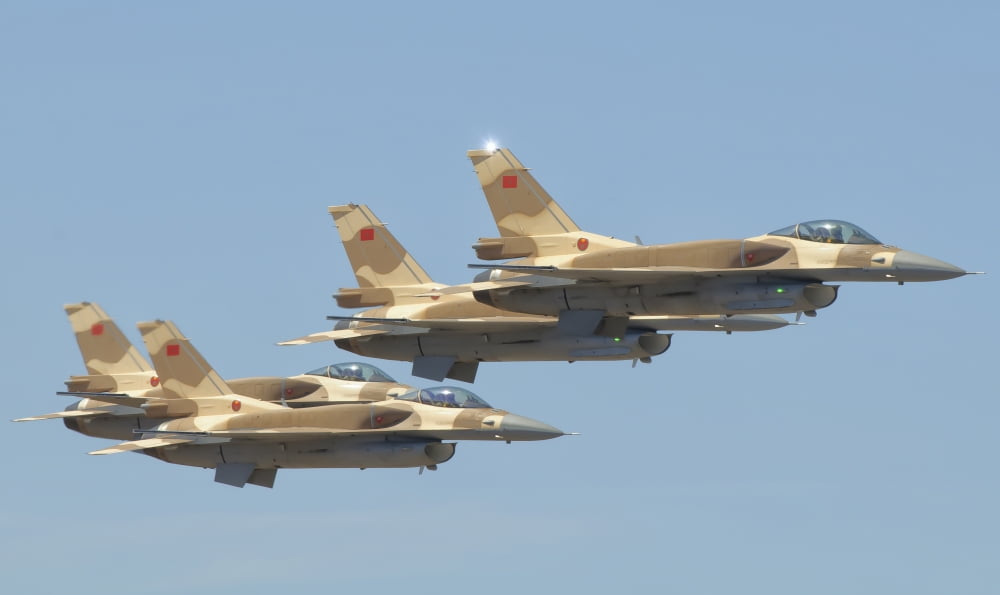 Royal Moroccan Air Force F-16 Block 52 aircraft flying above Morocco Canvas Art - Giovanni CollaStocktrek Images (36 x 22)