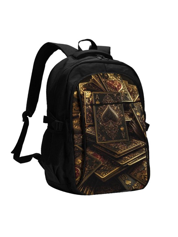 Royal Motif Playing Poker Card Illustration Laptop Backpack with USB Charging Headphone Port Casual Daypack Bag College Business Travel
