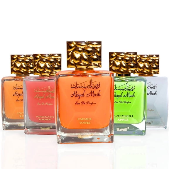 Royal Musk Caramel Toffee, Patchouli Apple, Pomegranate Raspberry, Lychee Rose & Royal Musk Eau de Parfum Sprays 100ml (3.4 oz) by Surrati (Collection)