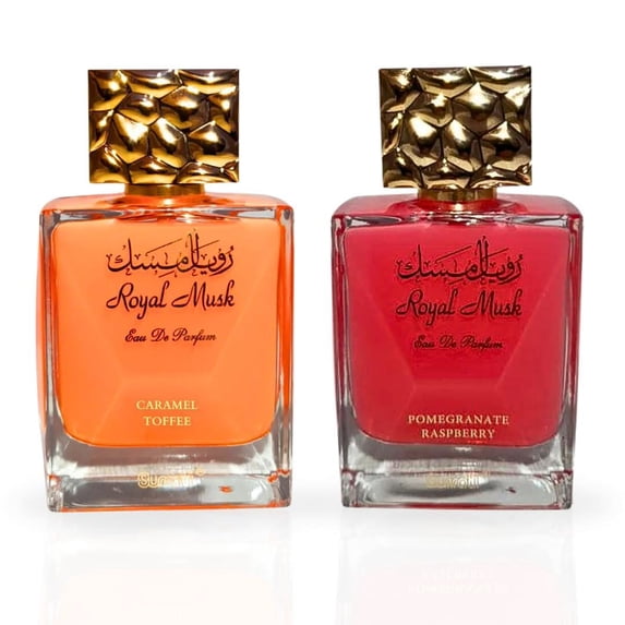 Royal Musk Caramel Toffee & Royal Musk Pomegranate Raspberry Eau de Parfum Sprays 100ml (3.4 oz) by Surrati (Bundle)