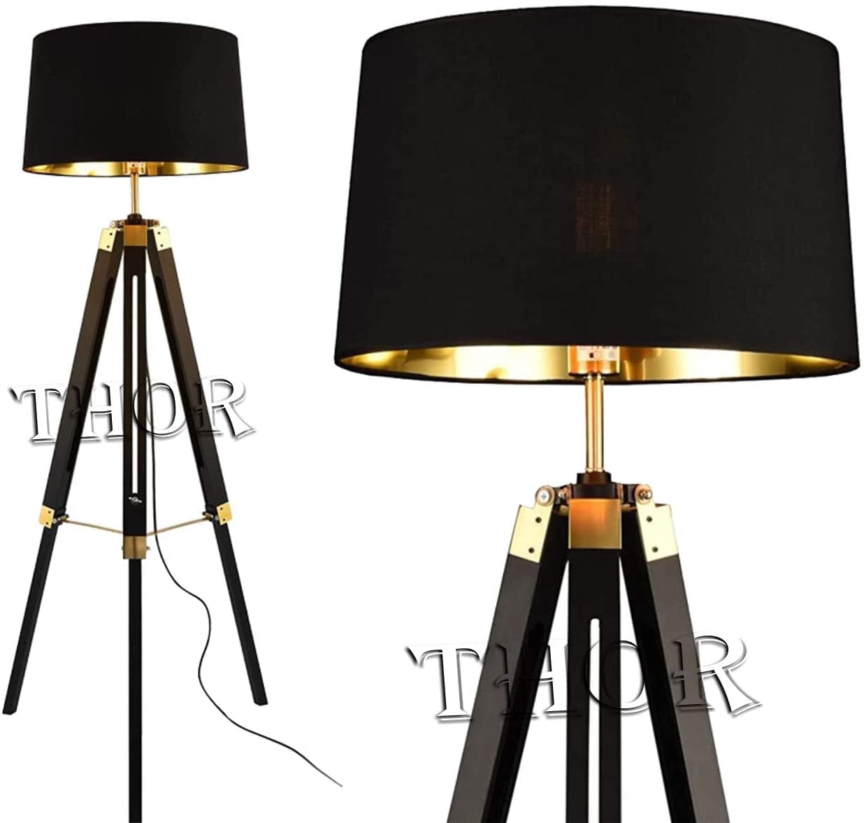 Royal Nautical Marine Black Wooden Tripod Floor Lamp Office Decor ( Without Shade)