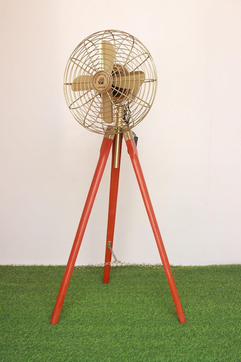 Royal Navy Adjustable Antique Floor Fan With Brown Wooden Tripod Floor Stand, Antique Brass Pedestal Tripod Fan for Home Decor Style Modern Look Table Fan Collectible Gift Living Room, Office