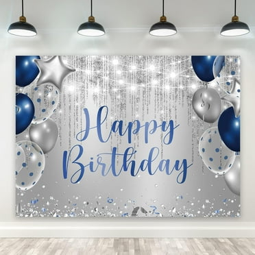 Royal Navy Blue Silver Happy Birthday Backdrop Party Decorations for Men Boys Balloon Diamond Sparkle Bday Photography Background Decor Banner Studio Photo Shoot