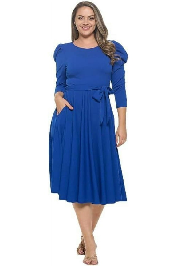 Royal Neon X-Large Size Women's Summer Swing Puff 3/4 Sleeve Midi Cocktail Pockets with Tie Waist for Party, Formal and Casual Dresses