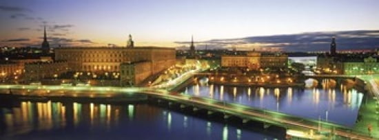 Royal Palace and Parliament building lit up at dusk Stockholm Sweden Canvas Art - Panoramic Images (36 x 13)