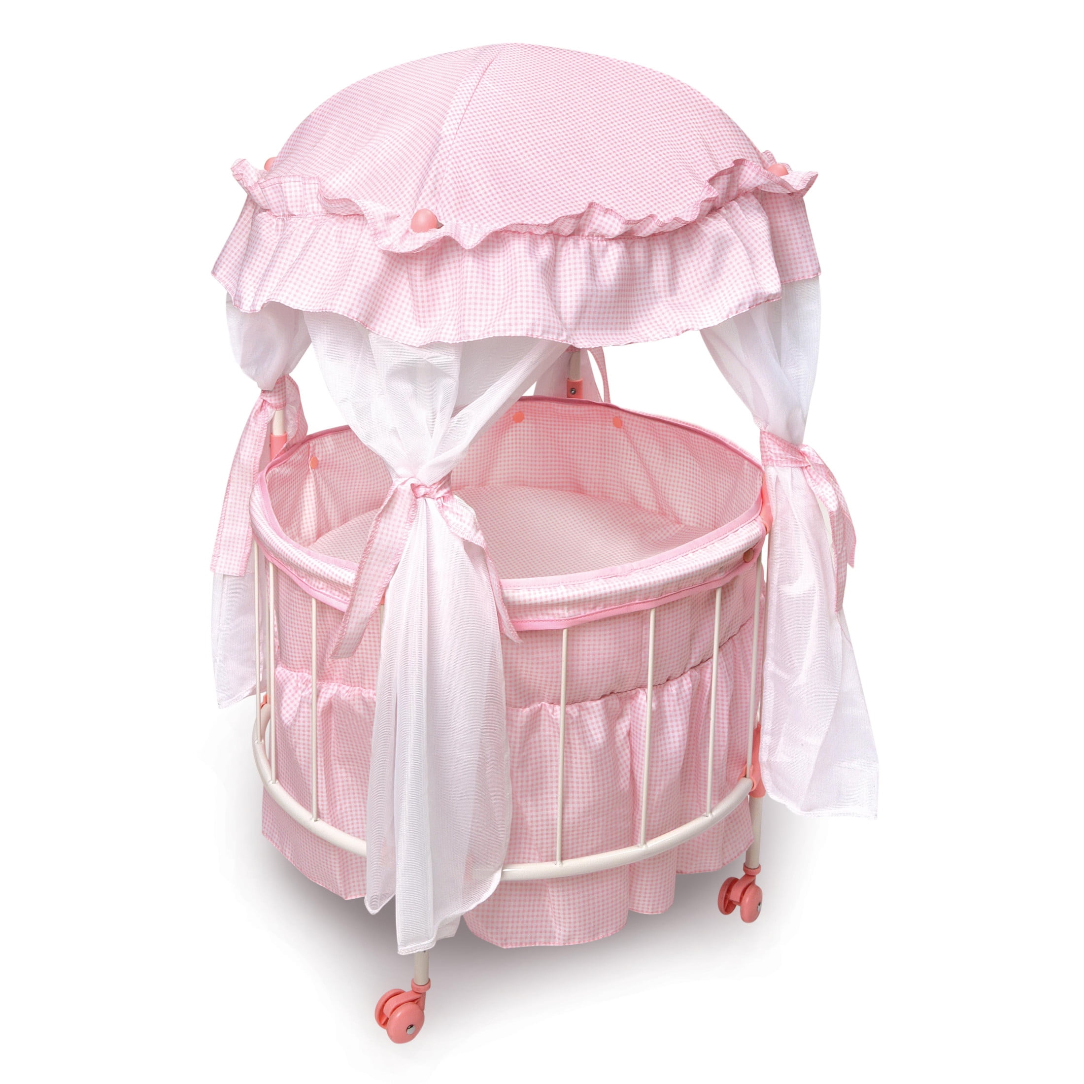Pink and White Gingham Round Doll Crib with Canopy