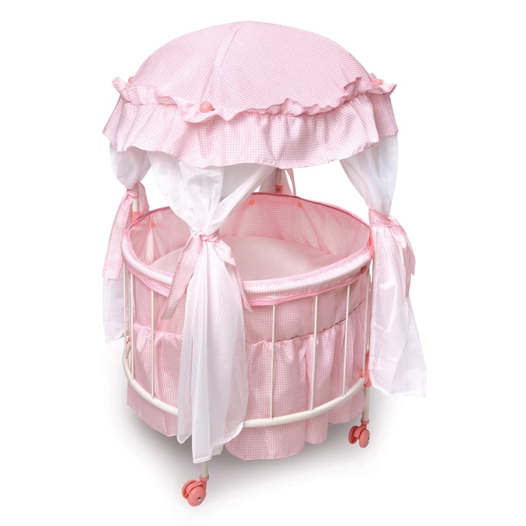 Royal Pavilion Round Doll Crib with Canopy and Bedding - Pink