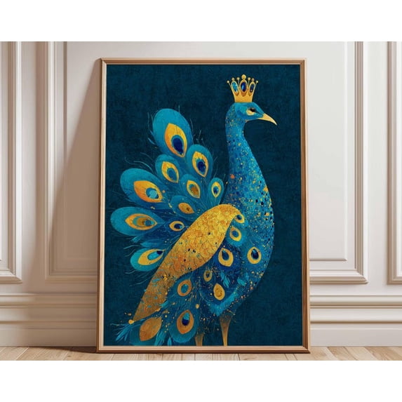 Royal Peacock Blue Gold Wall Art Print, Unframed Paper Poster 8x10in