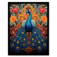 thumbnail image 1 of Royal Peacock Oil Painting Blue Orange Pink Exotic Bird Symmetrical Floral Portrait Art Print Framed Poster Wall Decor 12x16 inch, 1 of 5
