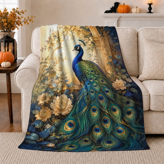 Royal Peacock Sunlit Garden Archway, Peaceful Bird Art Scene, Warm Flannel Blanket for Cabin and Lodge with Detailed Artwork, Bird Lovers Housewarming Gift, Artistic Home Decor
